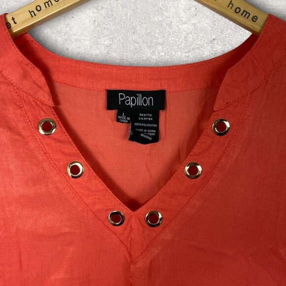 Papillon Orange V-Neck Short Sleeve Blouse Size Large Button Shoulder Top Boho L - Picture 3 of 8